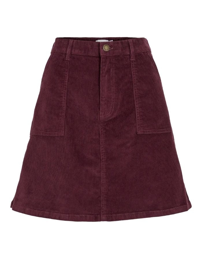 A-Linien-Rock Vifrosta in Burgunderrot (Fig) aus Cord von VILA, High-Waist-Schnitt mit Knopf- und Reißverschluss – eleganter Herbst- und Winterlook.