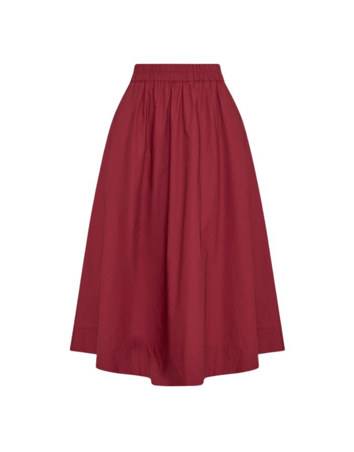MSCH Copenhagen Rock Lenna Rhubarb in Rot mit elastischem Bund und weiter Midi-Silhouette.