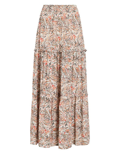 Langer Damenrock Vifala von VILA in Weiß mit Egret Paisley-Print, aus 100 % Viskose, locker fallend, perfekt für Alltag und Büro.