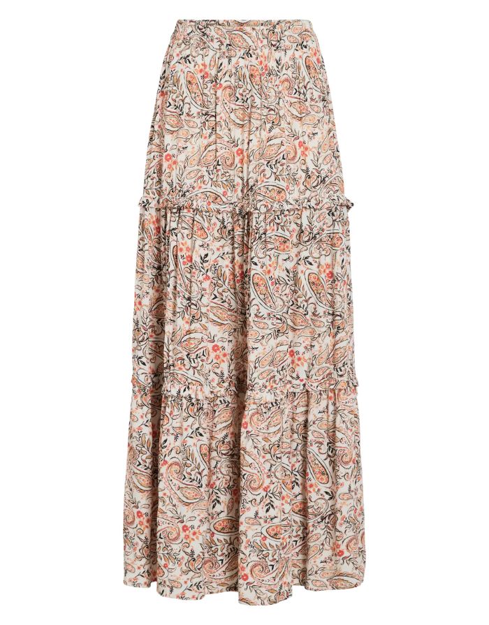 Langer Damenrock Vifala von VILA in Weiß mit Egret Paisley-Print, aus 100 % Viskose, locker fallend, perfekt für Alltag und Büro.
