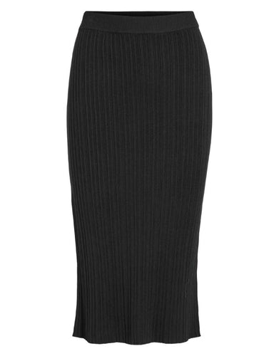 VILA Rock Rib Midi Knit Vinelly in der Farbe Black Beauty – schwarzer Midi-Strickrock in figurbetonter Rippoptik.