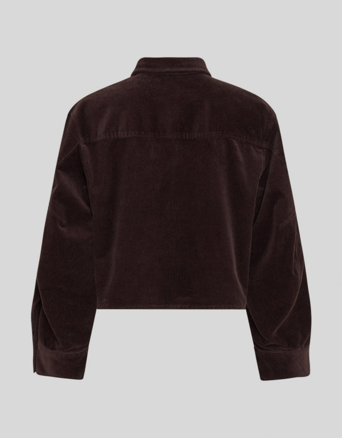  Dunkelbraune Filippa Cordjacke von MSCH Copenhagen mit klassischem Hemdkragen, durchgehender Knopfleiste und langen Ärmeln mit breiten Manschetten von hinten