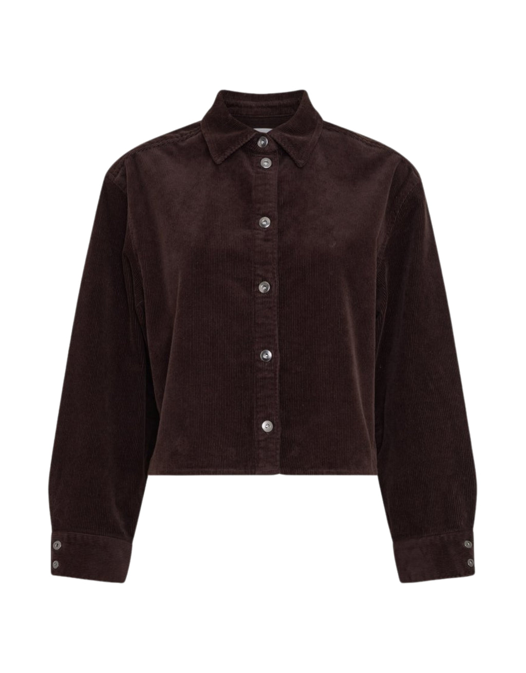 Dunkelbraune Filippa Cordjacke von MSCH Copenhagen mit klassischem Hemdkragen, durchgehender Knopfleiste und langen Ärmeln mit breiten Manschetten von vorne