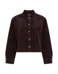 Dunkelbraune Filippa Cordjacke von MSCH Copenhagen mit klassischem Hemdkragen, durchgehender Knopfleiste und langen Ärmeln mit breiten Manschetten von vorne