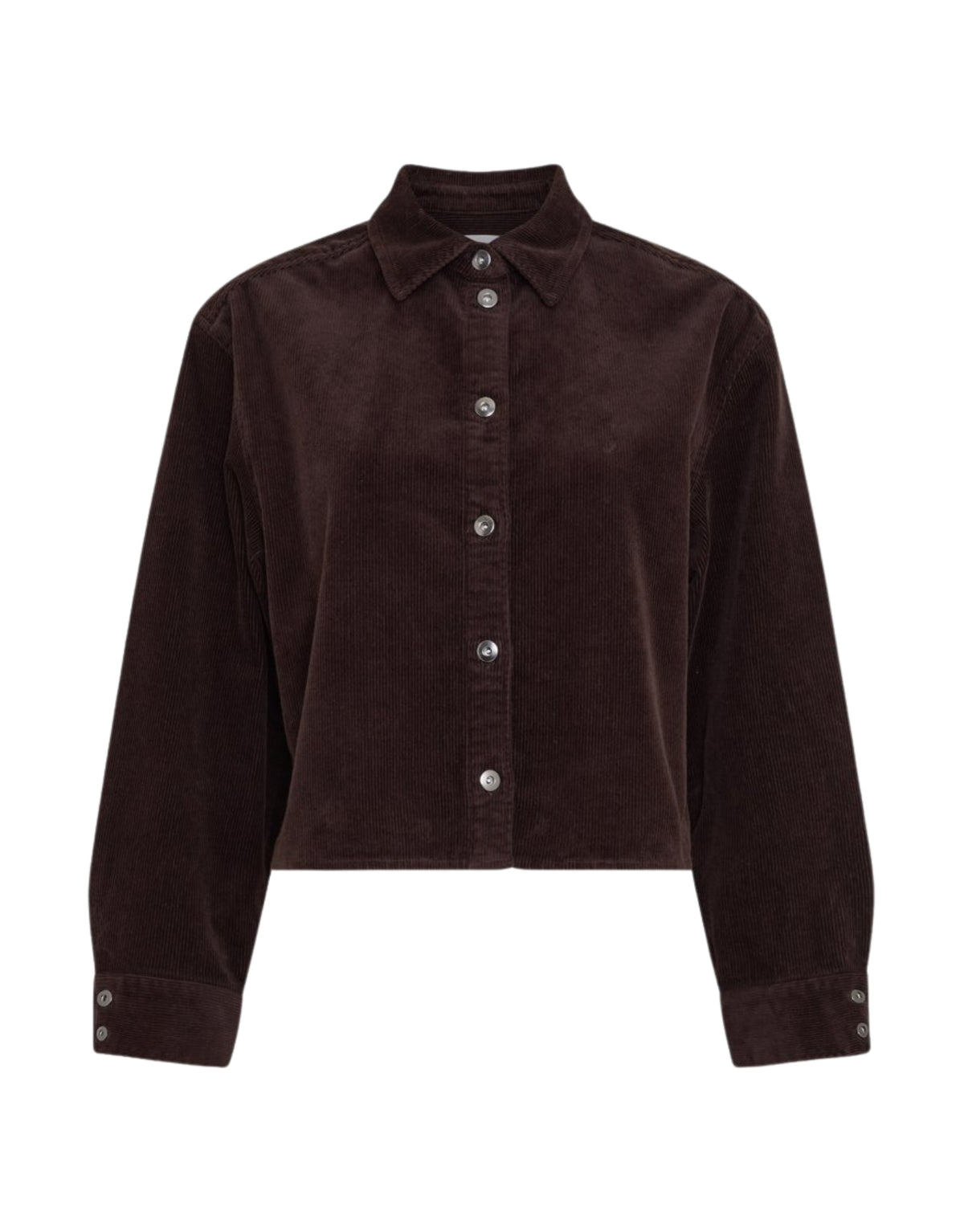 Dunkelbraune Filippa Cordjacke von MSCH Copenhagen mit klassischem Hemdkragen, durchgehender Knopfleiste und langen Ärmeln mit breiten Manschetten von vorne