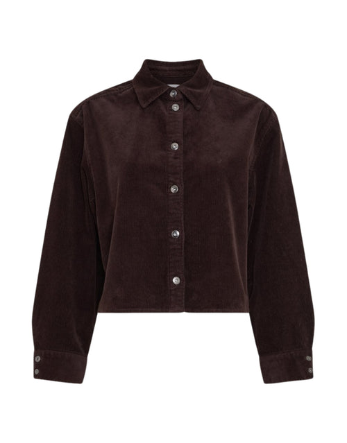 Dunkelbraune Filippa Cordjacke von MSCH Copenhagen mit klassischem Hemdkragen, durchgehender Knopfleiste und langen Ärmeln mit breiten Manschetten von vorne