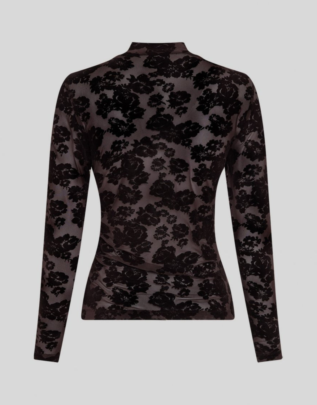 Dunkelbraunes Isa Illenora Shirt von MSCH Copenhagen aus transparentem Mesh mit schwarzem floralem Flockprint, Rollkragen und langen Ärmeln von hinten