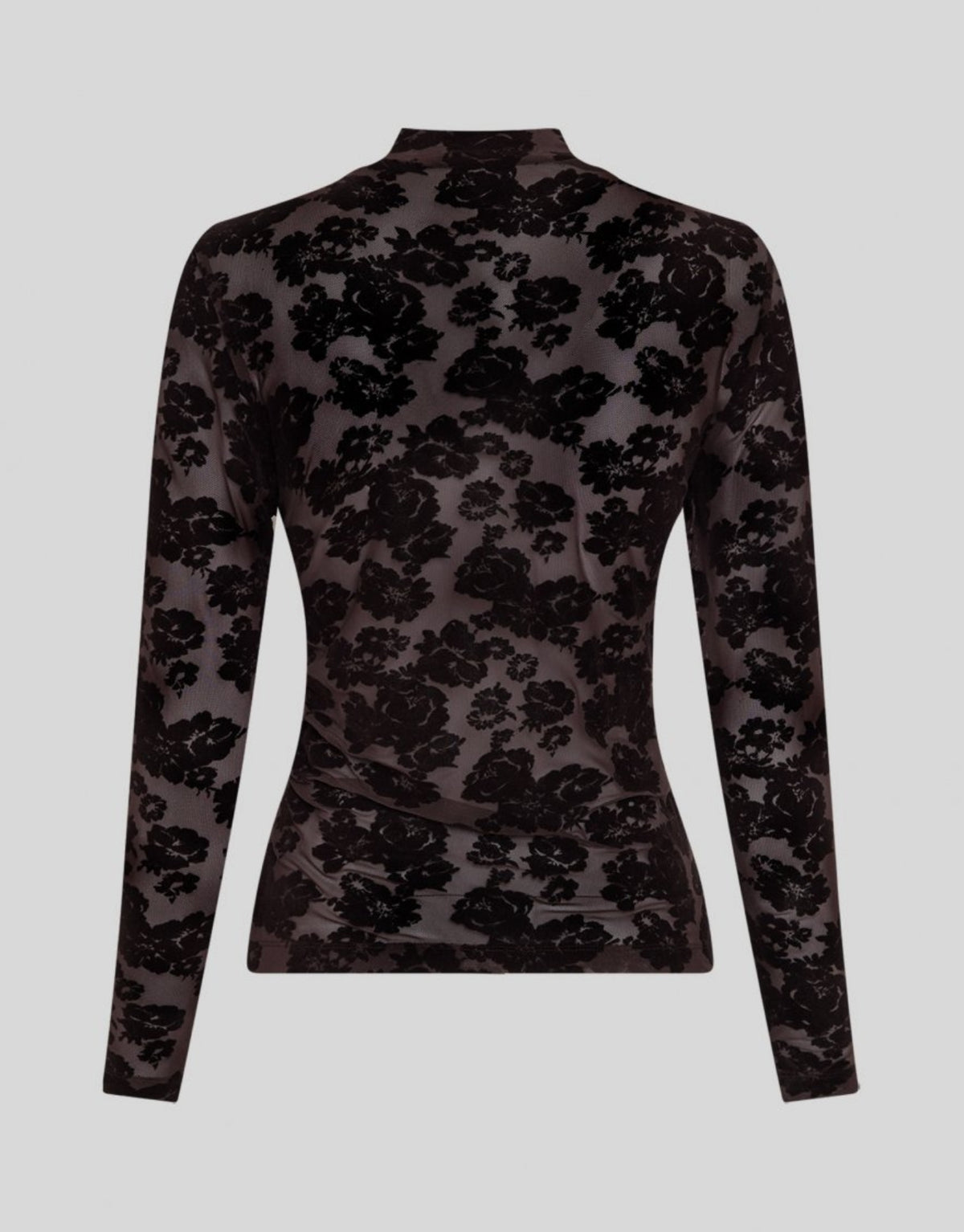 Dunkelbraunes Isa Illenora Shirt von MSCH Copenhagen aus transparentem Mesh mit schwarzem floralem Flockprint, Rollkragen und langen Ärmeln von hinten