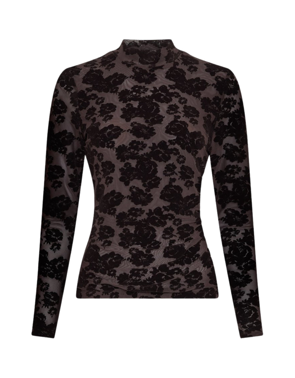 Dunkelbraunes Isa Illenora Shirt von MSCH Copenhagen aus transparentem Mesh mit schwarzem floralem Flockprint, Rollkragen und langen Ärmeln.
