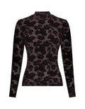 Dunkelbraunes Isa Illenora Shirt von MSCH Copenhagen aus transparentem Mesh mit schwarzem floralem Flockprint, Rollkragen und langen Ärmeln.
