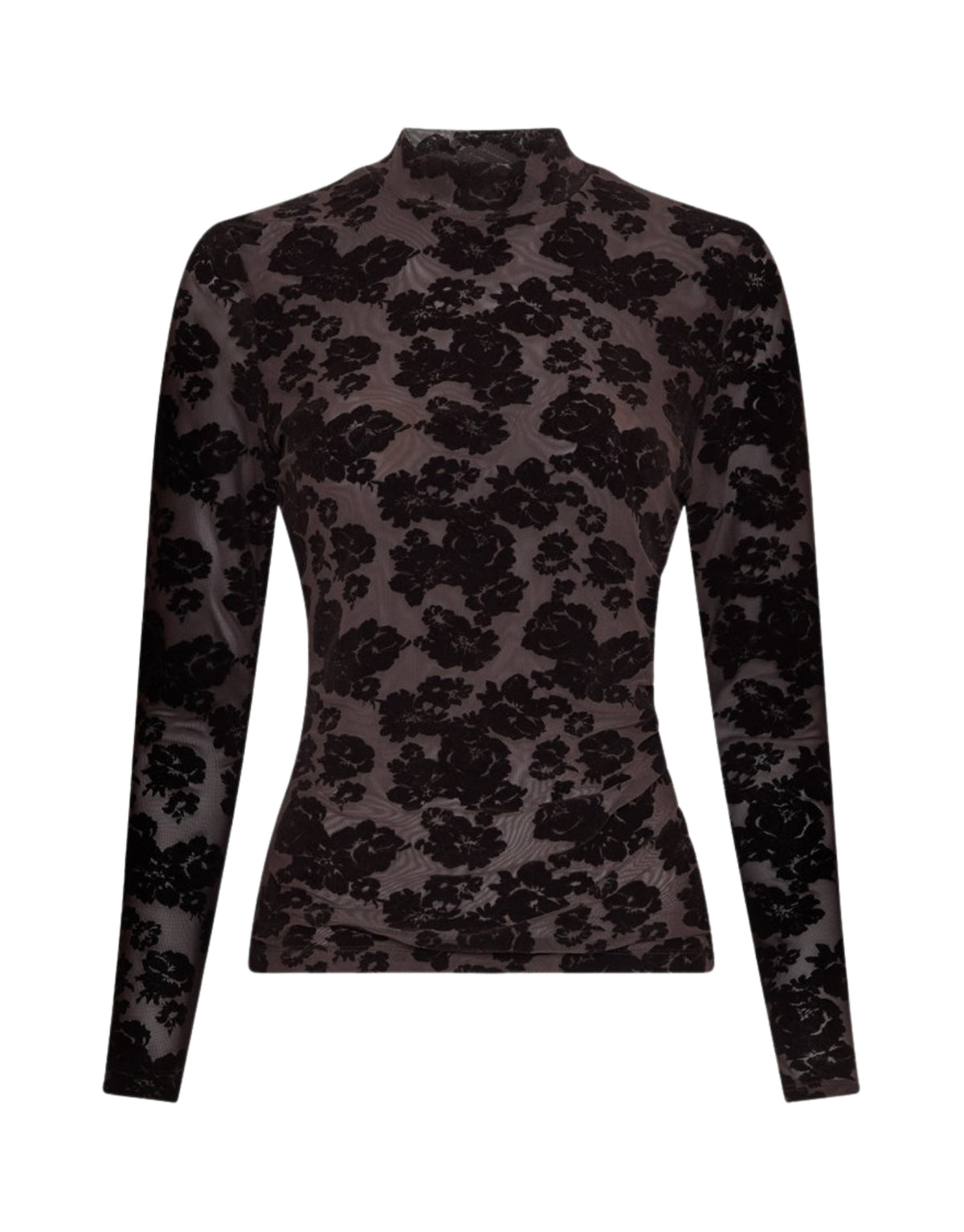 Dunkelbraunes Isa Illenora Shirt von MSCH Copenhagen aus transparentem Mesh mit schwarzem floralem Flockprint, Rollkragen und langen Ärmeln.
