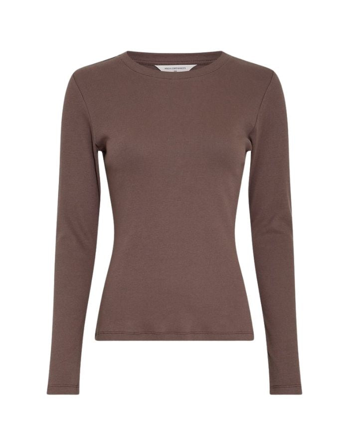 Kickie Rasmia Shirt von MSCH Copenhagen in Hot Fudge – geripptes Bio-Baumwollshirt mit Rundhalsausschnitt und langen Ärmeln, Regular Fit.