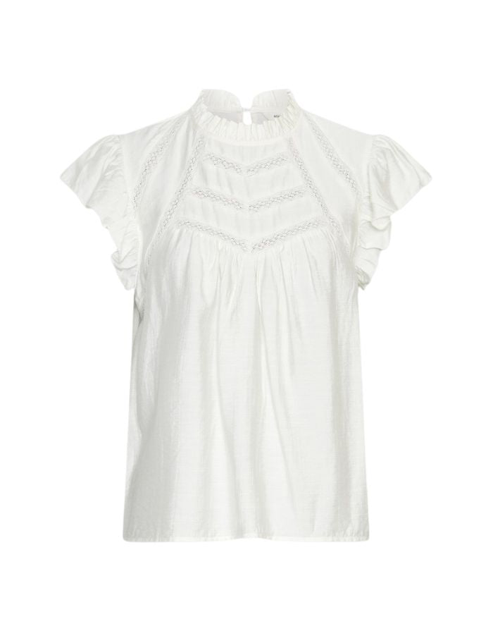 MSCH Copenhagen Shirt Peninna Egret in Weiß mit hohem Rüschenkragen und dekorativen Details.