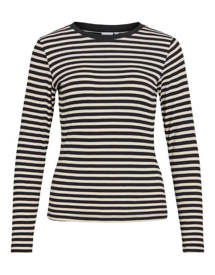 Gestreiftes Langarmshirt von VILA in Black Beauty und Birch aus weicher LENZING™ ECOVERO™ Viskose mit Rundhalsausschnitt als Freisteller von vorne