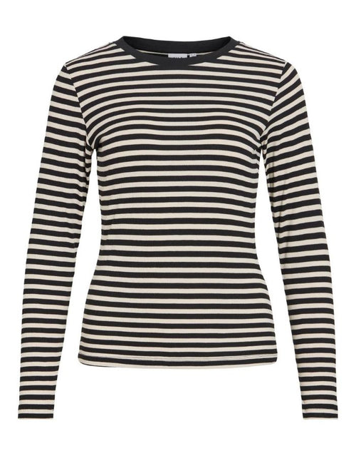Gestreiftes Langarmshirt von VILA in Black Beauty und Birch aus weicher LENZING™ ECOVERO™ Viskose mit Rundhalsausschnitt als Freisteller von vorne