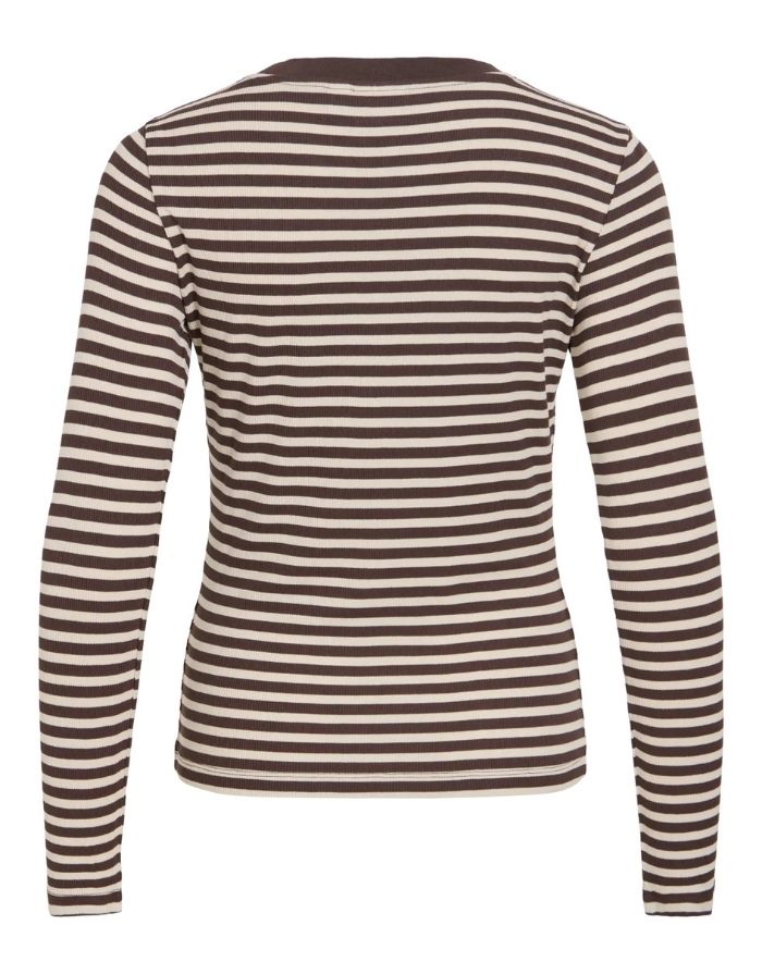 Gestreiftes Langarmshirt von VILA in Coffee Bean und Birch aus weicher LENZING™ ECOVERO™ Viskose mit Rundhalsausschnitt als Freisteller von hinten