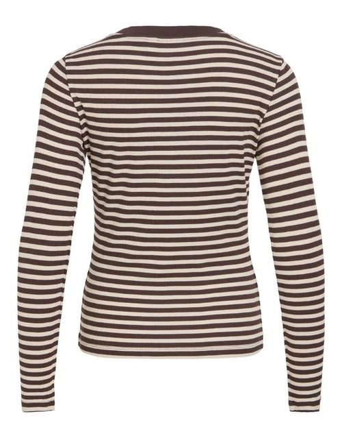 Gestreiftes Langarmshirt von VILA in Coffee Bean und Birch aus weicher LENZING™ ECOVERO™ Viskose mit Rundhalsausschnitt als Freisteller von hinten