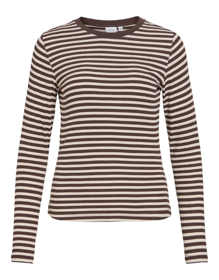 Gestreiftes Langarmshirt von VILA in Coffee Bean und Birch aus weicher LENZING™ ECOVERO™ Viskose mit Rundhalsausschnitt als Freisteller von vorne