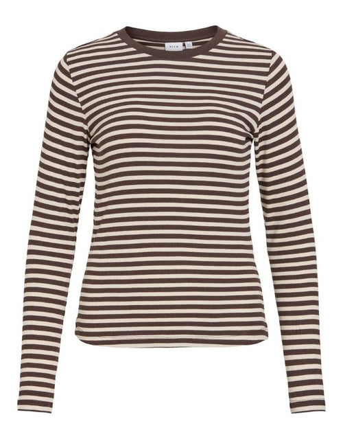 Gestreiftes Langarmshirt von VILA in Coffee Bean und Birch aus weicher LENZING™ ECOVERO™ Viskose mit Rundhalsausschnitt als Freisteller von vorne