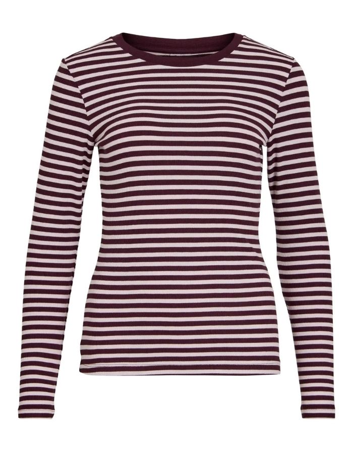 Gestreiftes Langarmshirt von VILA in Port Royale und Ballett Slipper aus weicher LENZING™ ECOVERO™ Viskose mit Rundhalsausschnitt als Freisteller von vorne