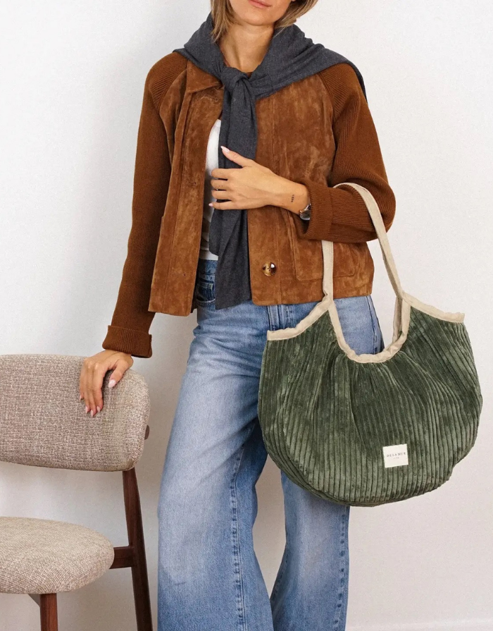 De La Mur Shopper Musgo aus olivgrünem Cordstoff und beigem Stoff mit Reißverschluss und zwei Henkeln
