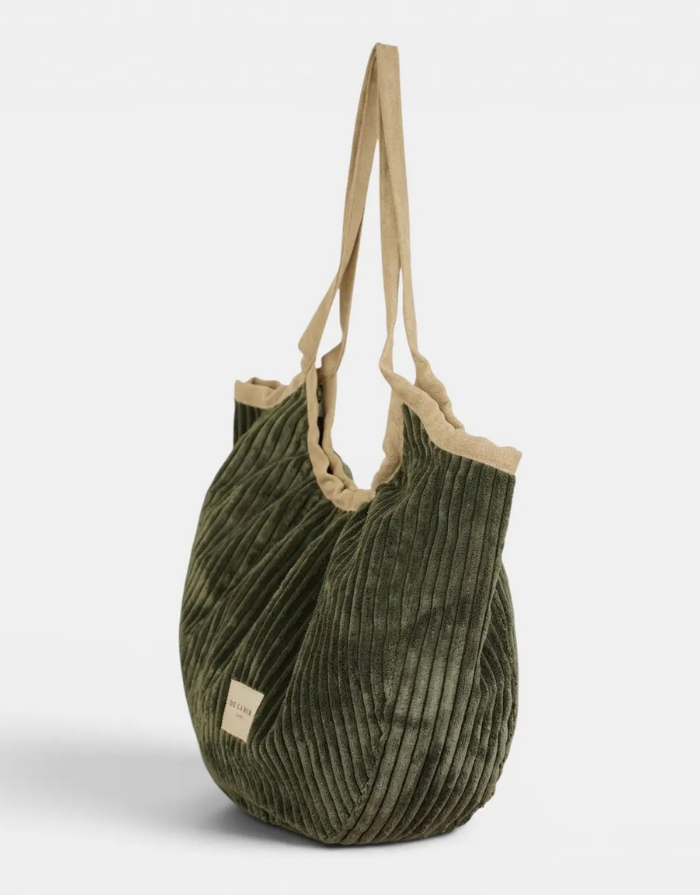 De La Mur Shopper Musgo aus olivgrünem Cordstoff und beigem Stoff mit Reißverschluss und zwei Henkeln