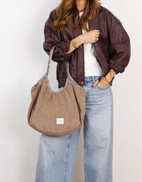 Runder Shopper Toast aus braunem Cordstoff mit Leopardenprint, Reißverschluss und zwei Henkeln