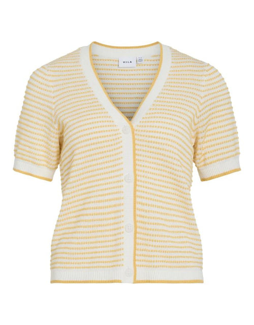VILA Short Cardigan Vichaya Cloud Dancer Yarrow aus Bio-Baumwolle mit V-Ausschnitt und Knopfleiste.