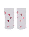 Weiße Socken Zuckerstangen von Eulenschnitt mit gesticktem Zuckerstangen-Motiv, gefertigt aus Bio-Baumwolle, recyceltem Polyamid und Elastan.