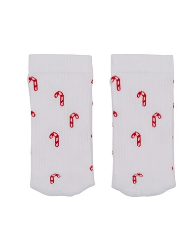 Weiße Socken Zuckerstangen von Eulenschnitt mit gesticktem Zuckerstangen-Motiv, gefertigt aus Bio-Baumwolle, recyceltem Polyamid und Elastan.