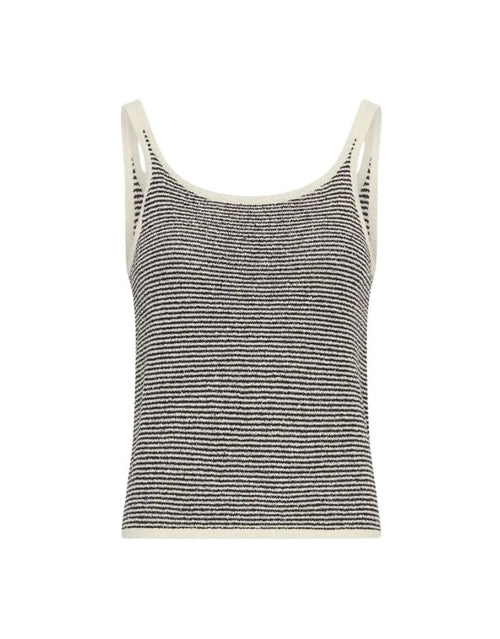 Gestreiftes Oaklyn Strap Top von MSCH Copenhagen in Schwarz und Weiß mit schmaler Passform und Rippstruktur von vorne
