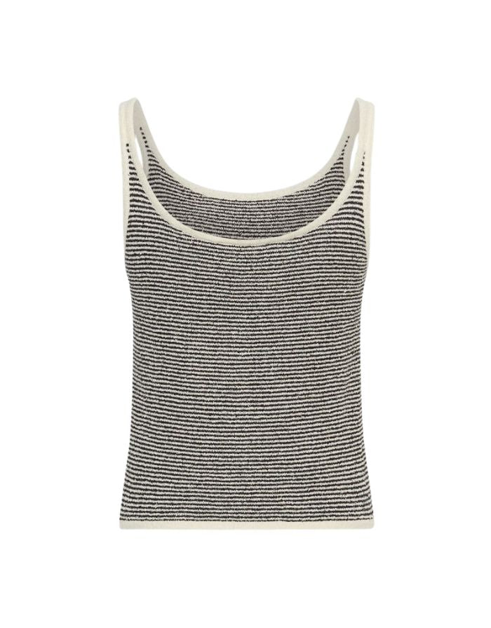 Gestreiftes Oaklyn Strap Top von MSCH Copenhagen in Schwarz und Weiß mit schmaler Passform und Rippstruktur von hinten