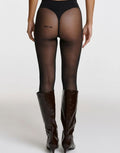 Schwarze semi-transparente Statement-Strumpfhose Bite Me von saint sass mit 40 DEN und Schriftzug auf der Rückseite.
