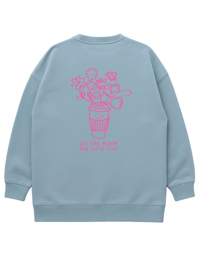 Liliput Sweatshirt Hellblau – Rückseite mit blühender Coffee Cup und Schriftzug