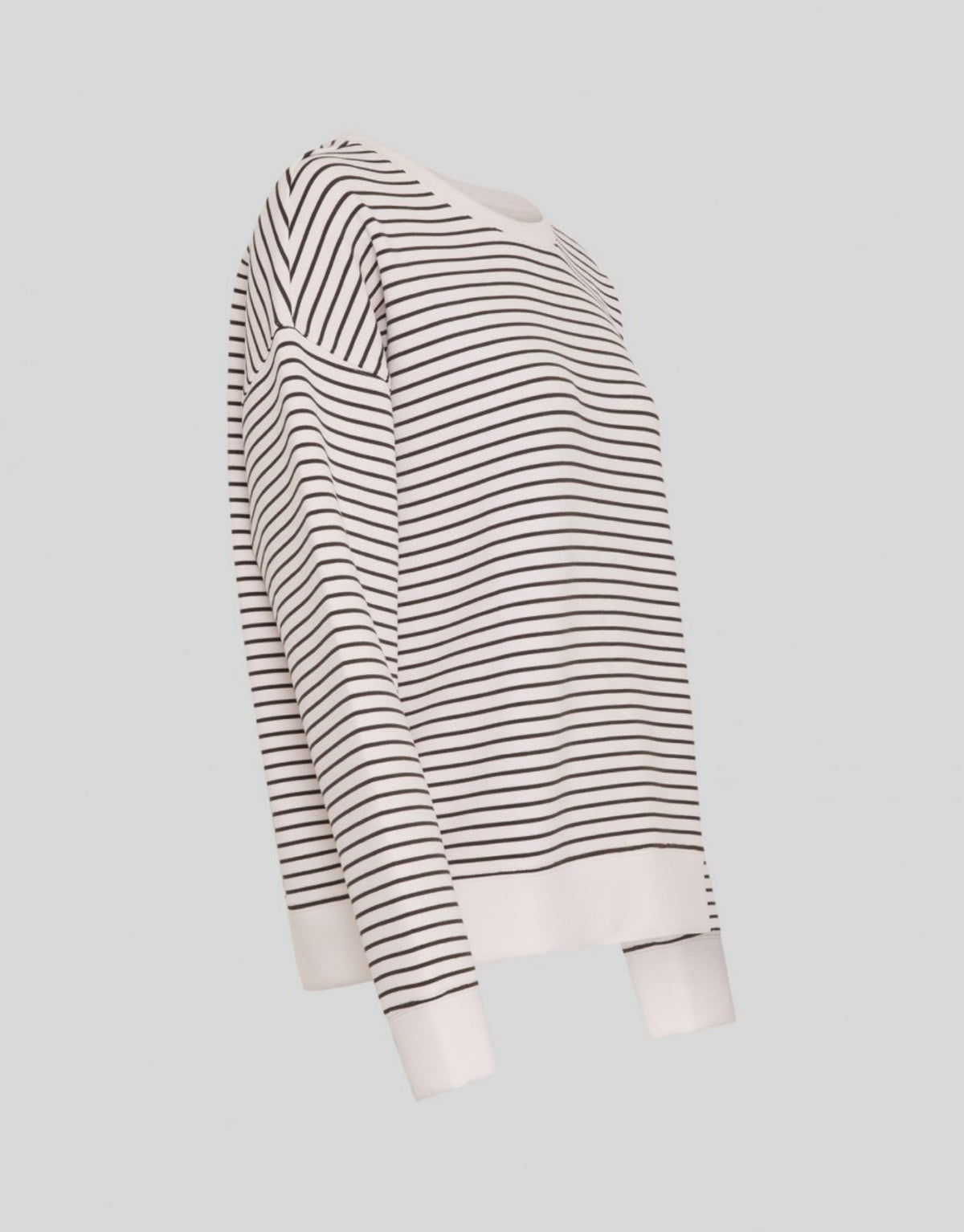 Cremeweißes Ima Q Sweatshirt von MSCH Copenhagen mit braunen Streifen, Rundhalsausschnitt, überschnittenen Schultern und langen Ärmeln aus weicher Viskosemischung von der Seite