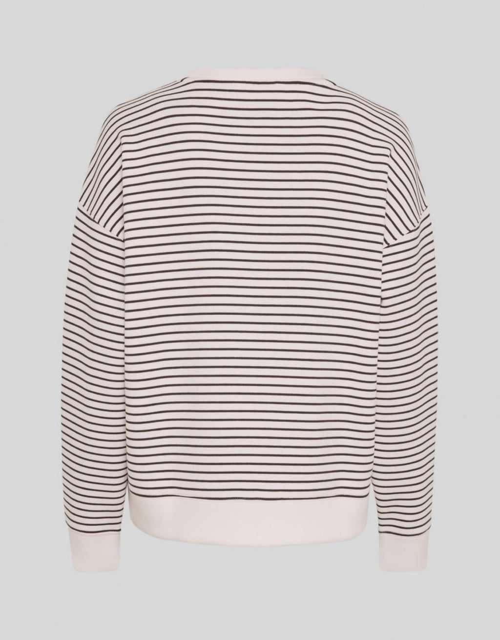 Cremeweißes Ima Q Sweatshirt von MSCH Copenhagen mit braunen Streifen, Rundhalsausschnitt, überschnittenen Schultern und langen Ärmeln aus weicher Viskosemischung von hinten