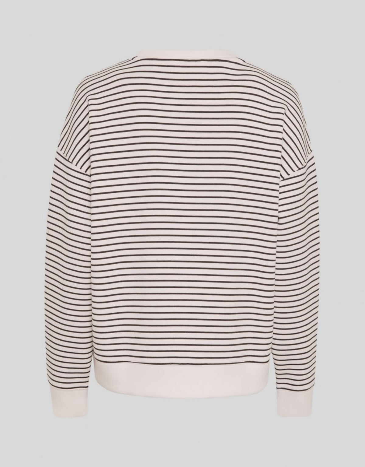 Cremeweißes Ima Q Sweatshirt von MSCH Copenhagen mit braunen Streifen, Rundhalsausschnitt, überschnittenen Schultern und langen Ärmeln aus weicher Viskosemischung von hinten