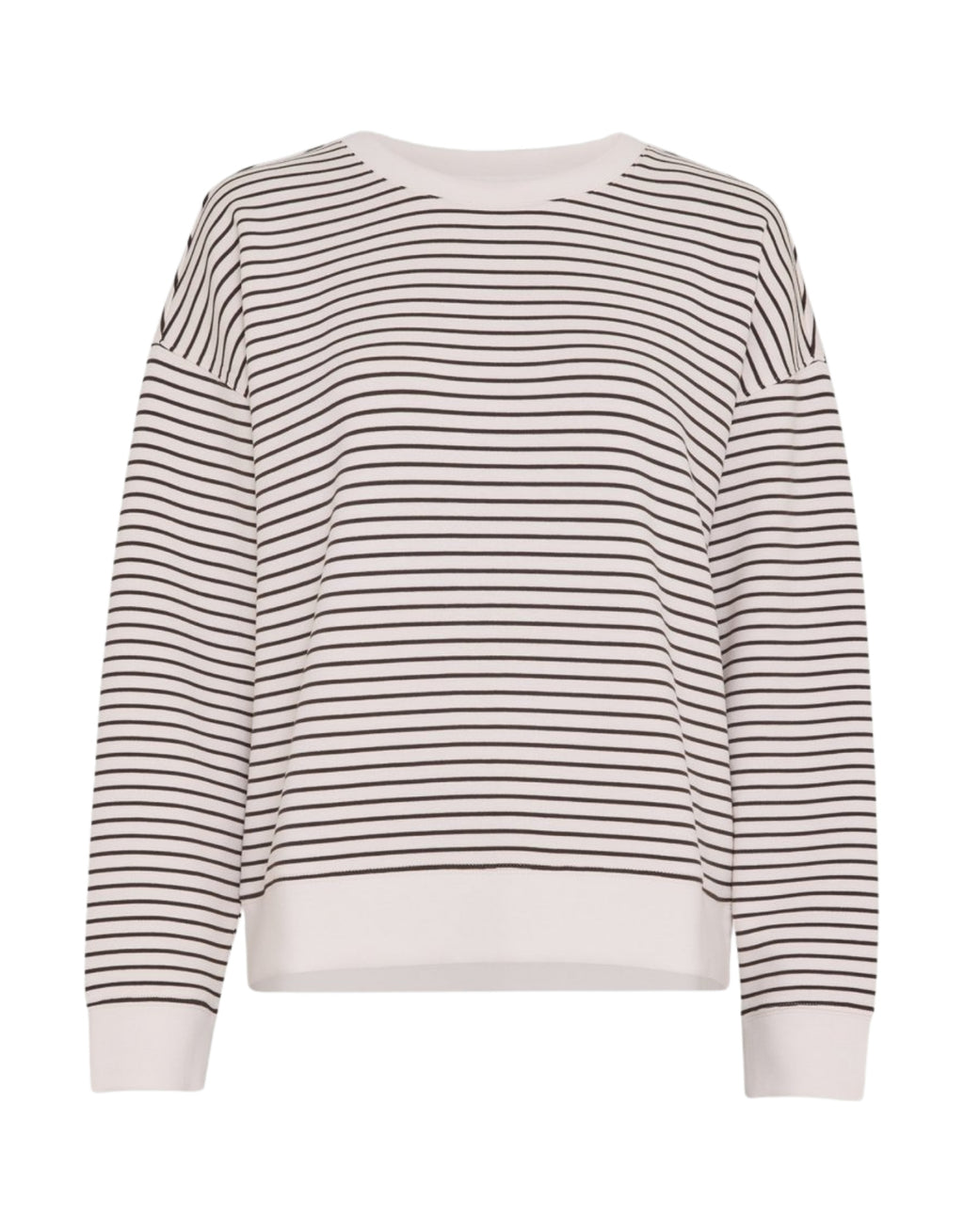 Cremeweißes ma Q Sweatshirt von MSCH Copenhagen mit braunen Streifen, Rundhalsausschnitt, überschnittenen Schultern und langen Ärmeln aus weicher Viskosemischung von vorne