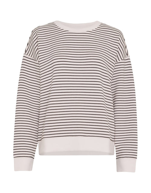 Cremeweißes ma Q Sweatshirt von MSCH Copenhagen mit braunen Streifen, Rundhalsausschnitt, überschnittenen Schultern und langen Ärmeln aus weicher Viskosemischung von vorne