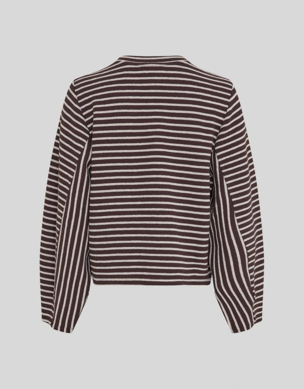 Dunkelbraunes Sofia Striped Sweatshirt von MSCH Copenhagen mit cremeweißen Streifen, Rundhalsausschnitt, langen weiten Ärmeln und gerader Passform von hinten