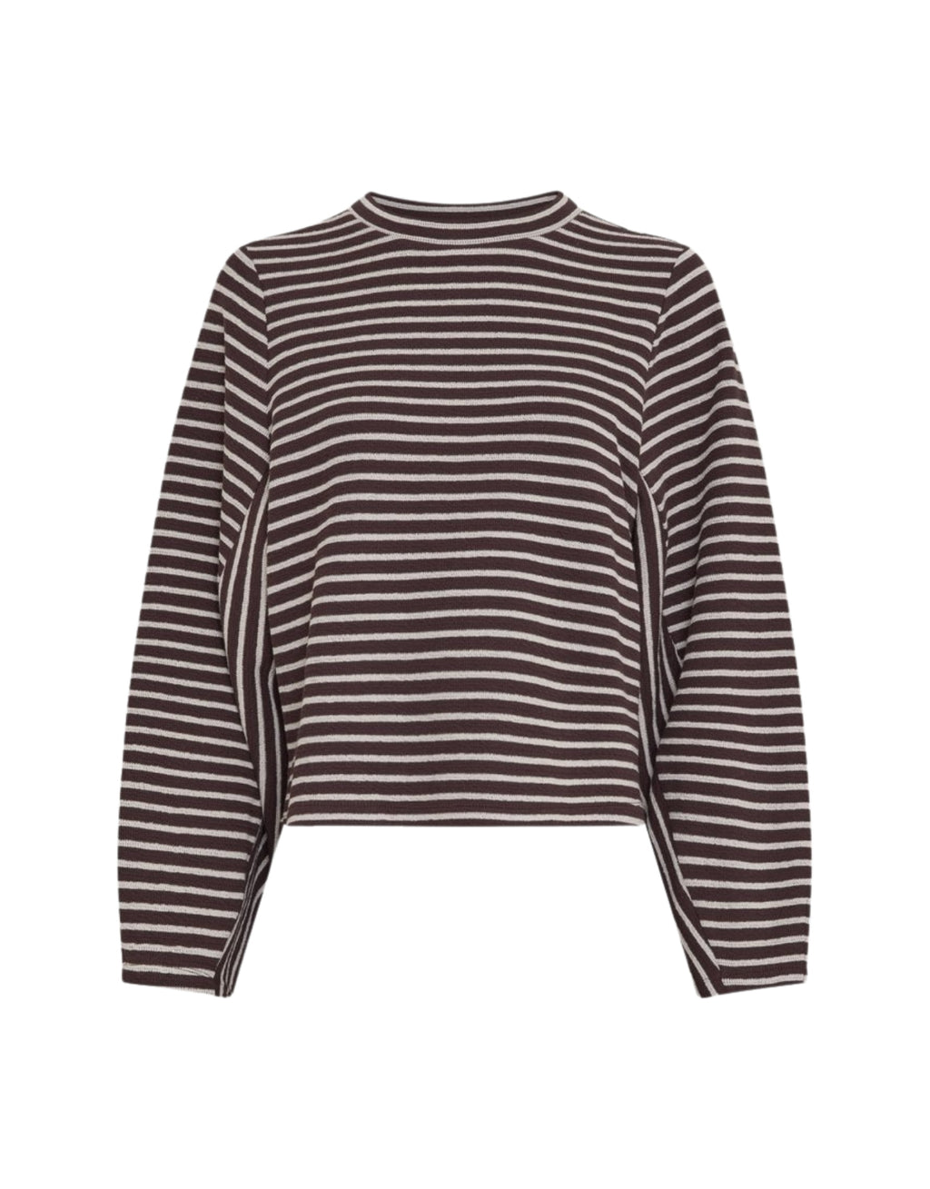 Dunkelbraunes Sofia Striped Sweatshirt von MSCH Copenhagen mit cremeweißen Streifen, Rundhalsausschnitt, langen weiten Ärmeln und gerader Passform
