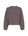 Dunkelbraunes Sofia Striped Sweatshirt von MSCH Copenhagen mit cremeweißen Streifen, Rundhalsausschnitt, langen weiten Ärmeln und gerader Passform