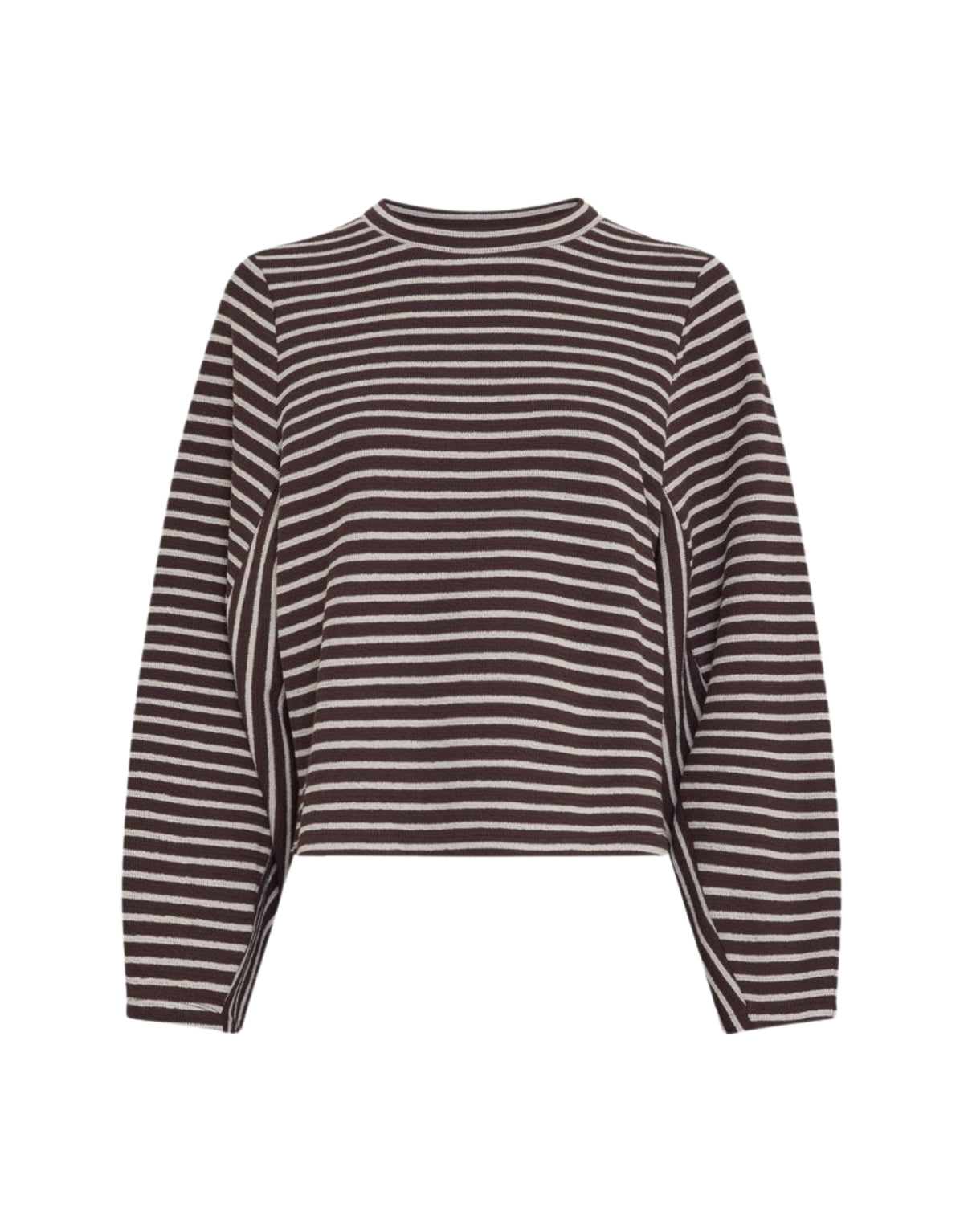 Dunkelbraunes Sofia Striped Sweatshirt von MSCH Copenhagen mit cremeweißen Streifen, Rundhalsausschnitt, langen weiten Ärmeln und gerader Passform