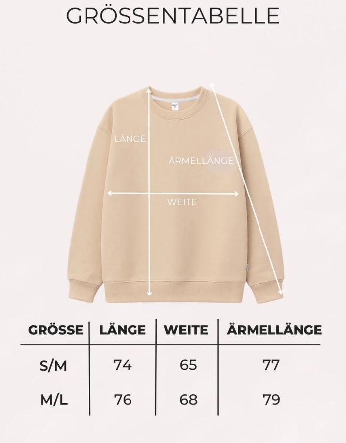 Liliput Cool Moms Club Oversize Sweatshirt für Damen mit Brustprint und großem Rückenprint mit zwei Kaffeetassen und „Powered by Coffee and Chaos“-Schriftzug, Größentabelle.