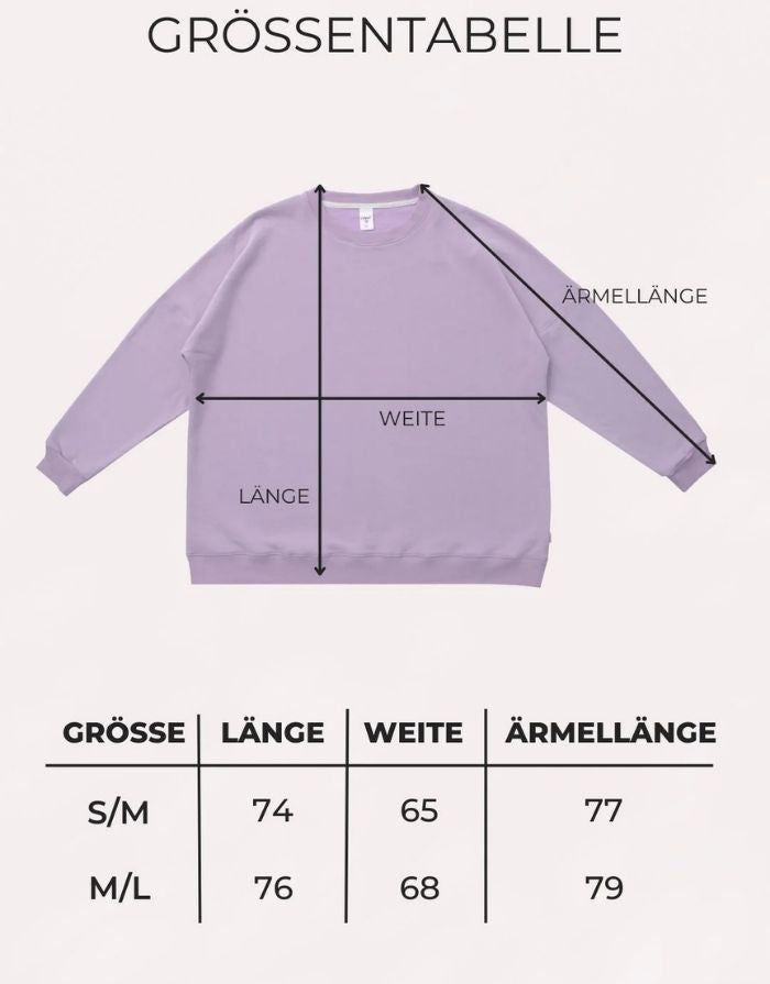 Liliput Motherhood Oversize Sweatshirt für Damen mit kleinem orangefarbenem Herz auf der Vorderseite und großem Motherhood-Schriftzug auf dem Rücken, Größentabelle.