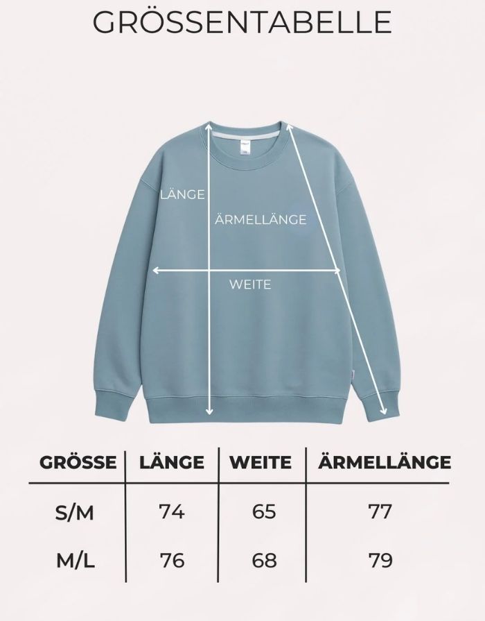  Liliput Boys Mom Club Oversize Sweatshirt für Damen mit dezentem Brustprint und großem Skateboard-Schriftzug auf dem Rücken, Größentabelle.