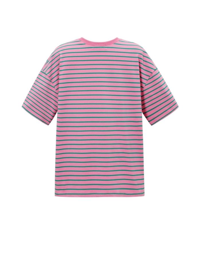 Gestreiftes Blocked Striped Tee T-Shirt in Rosa/Grün aus Baumwolle mit bequemer Passform für den Alltag von hinten