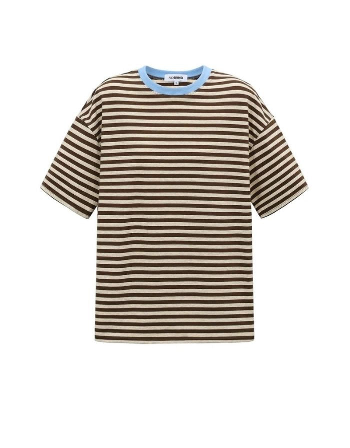 Dunkelbraun gestreiftes Blocked Striped Tee T-Shirt mit blauem Kragen aus Baumwolle mit bequemer Passform für den Alltag von vorne