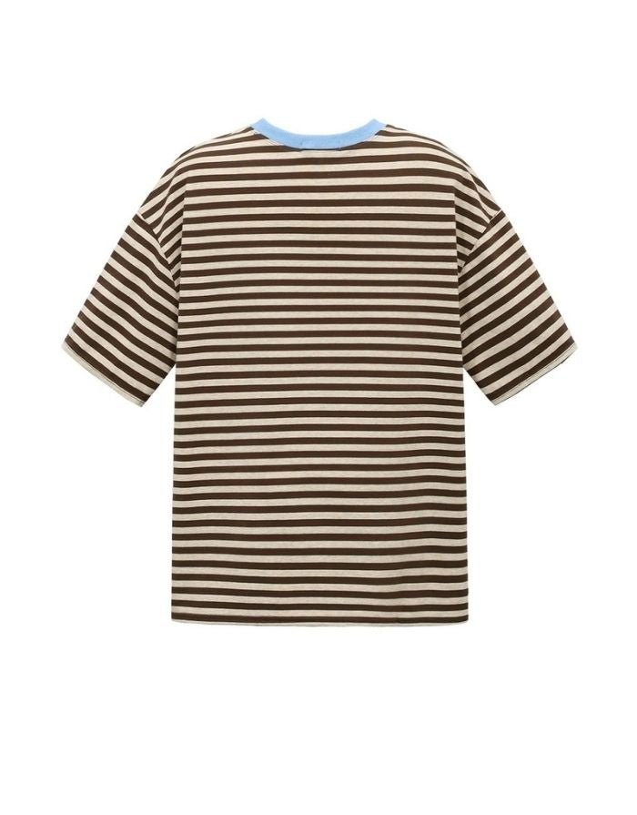 Dunkelbraun gestreiftes Blocked Striped Tee T-Shirt mit blauem Kragen aus Baumwolle mit bequemer Passform für den Alltag von hinten