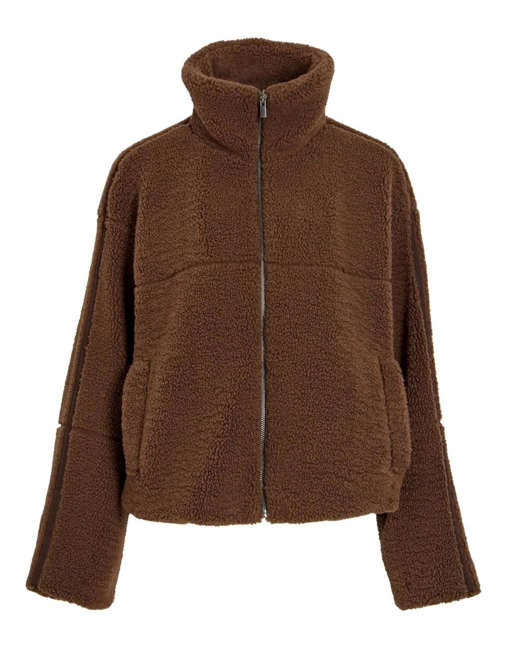 Teddyjacke Vimelusa von VILA in Rain Drum mit hohem Kragen, Reißverschluss und weicher flauschiger Oberfläche.
